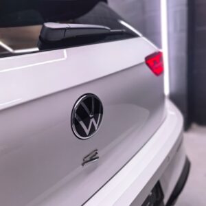 White Volkswagen rear hatch detail after polishing