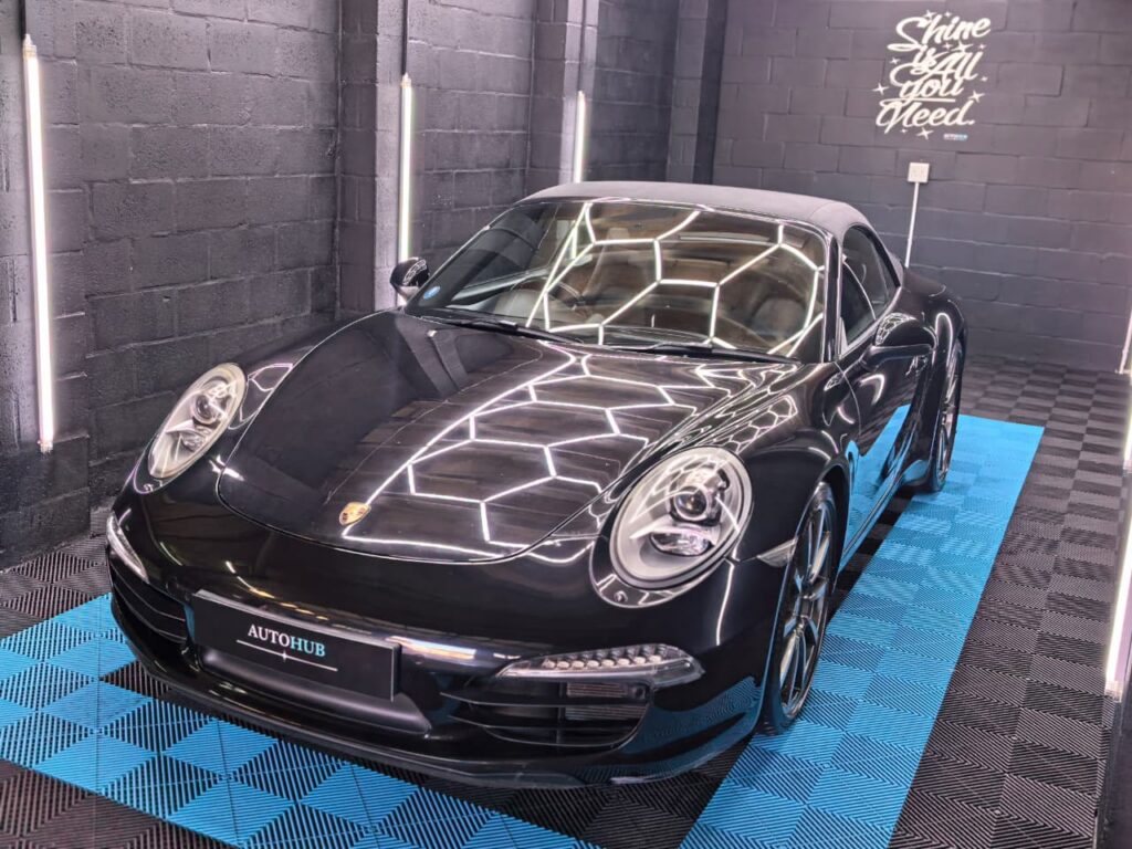 Vehicle Detailing showing black Porsche at AutoHub in Observatory, Cape Town