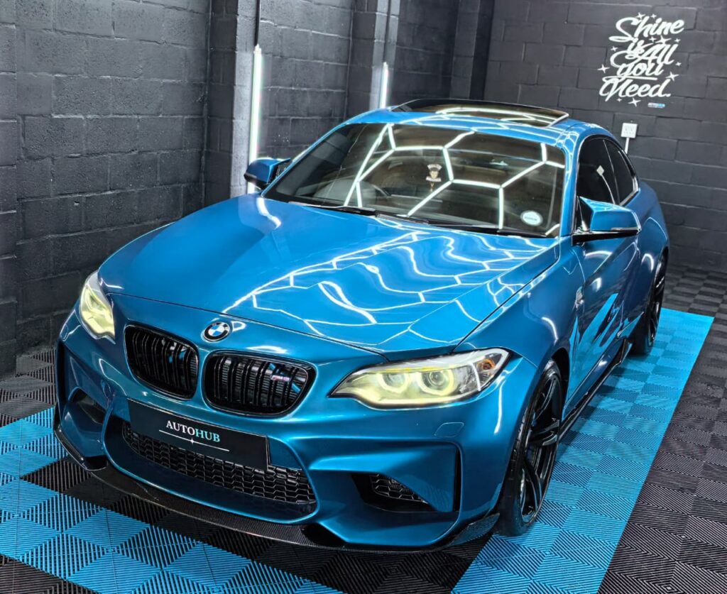 Vehicle Detailing showing blue BMW at AutoHub in Observatory, Cape Town