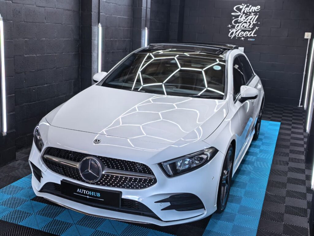 Vehicle Detailing showing white Mercedes at AutoHub in Observatory, Cape Town