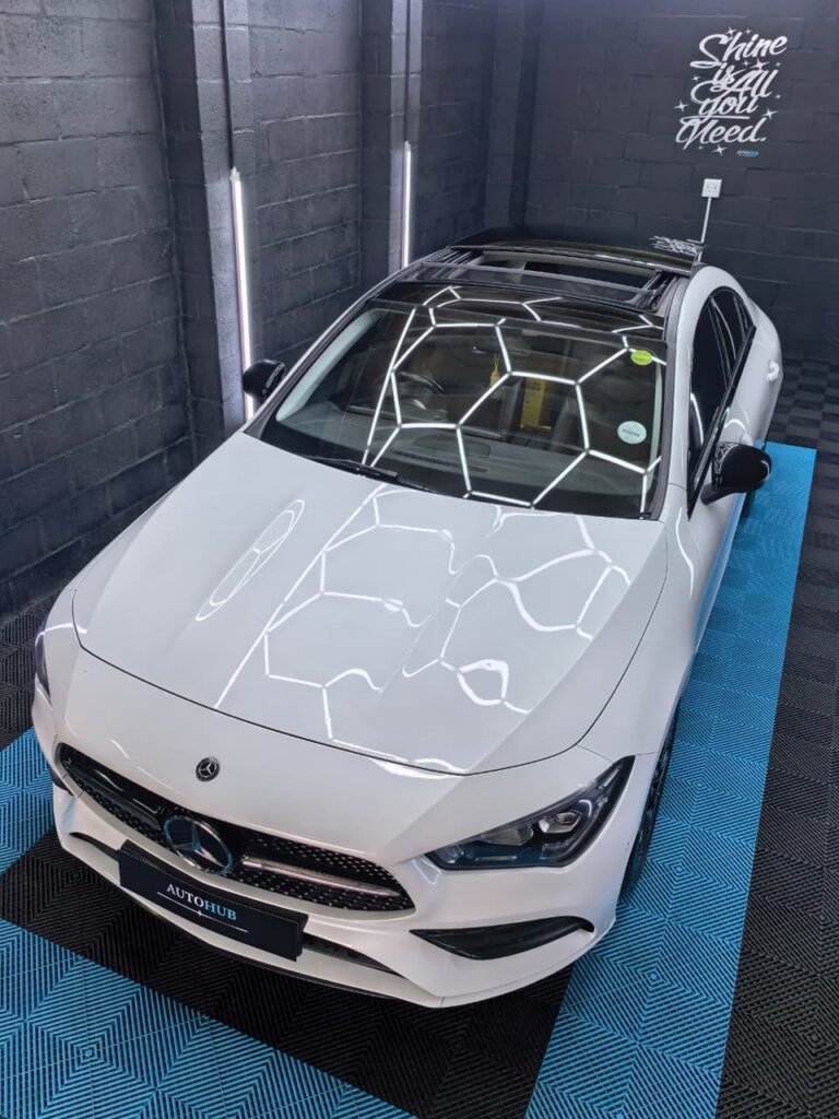Vehicle Detailing showing white Mercedes at AutoHub in Observatory, Cape Town