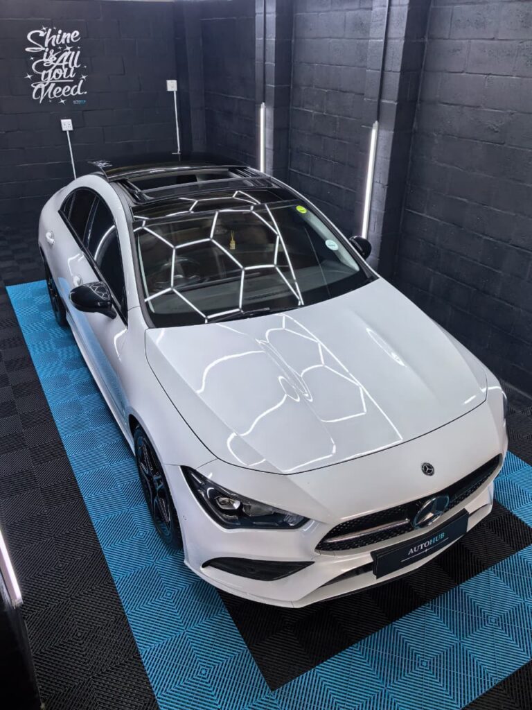 Vehicle Detailing showing white Mercedes at AutoHub in Observatory, Cape Town