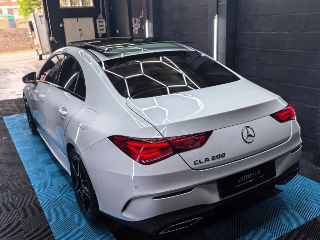 Vehicle Detailing showing white Mercedes at AutoHub in Observatory, Cape Town