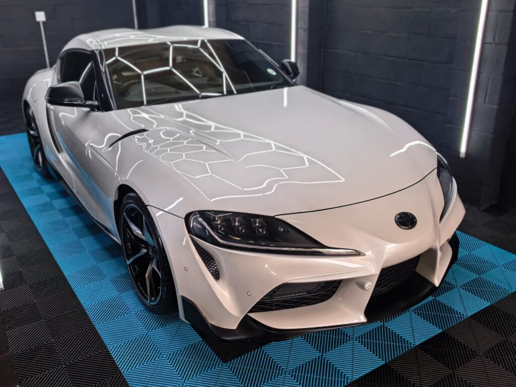 Vehicle Detailing showing white Toyota Supra at AutoHub in Observatory, Cape Town