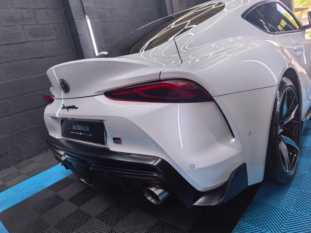 Vehicle Detailing showing white Toyota Supra at AutoHub in Observatory, Cape Town