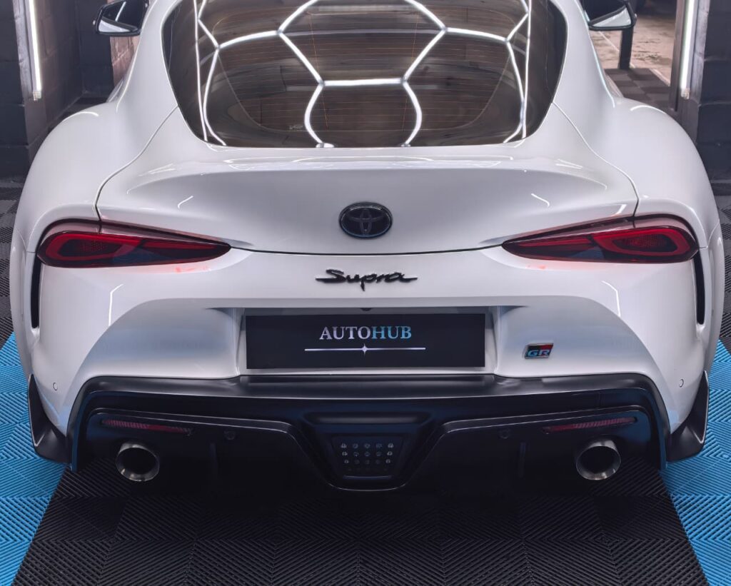 Vehicle Detailing showing white Toyota Supra at AutoHub in Observatory, Cape Town