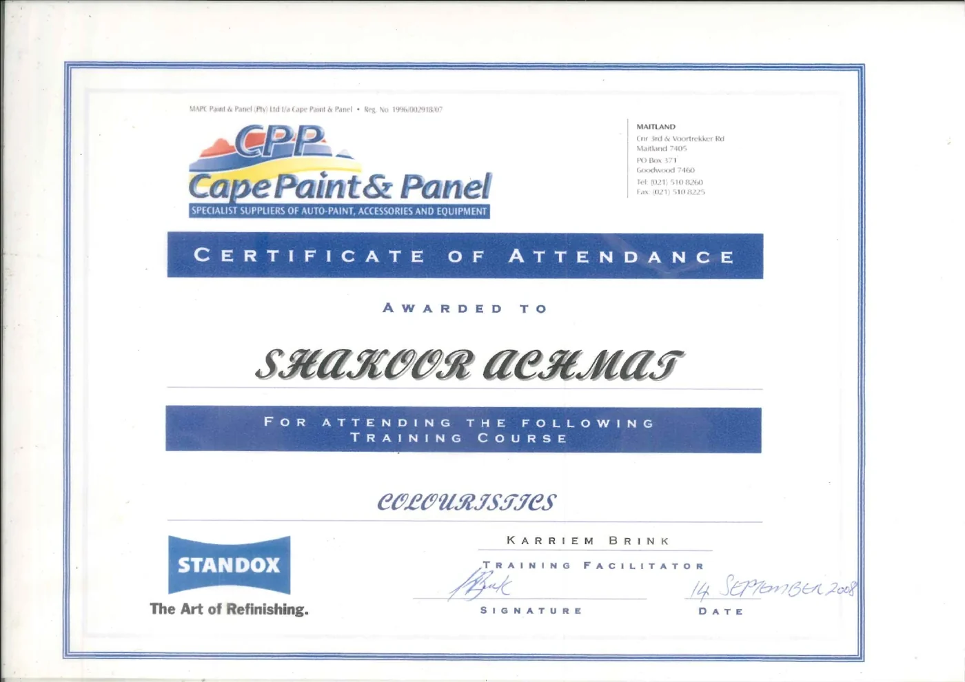 Shakoor Achmat Cape Paint & Panel Certificate of Attendance