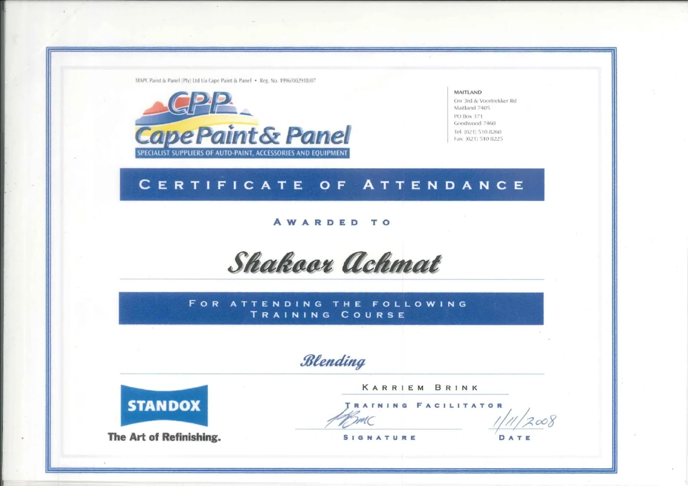 Shakoor Achmat Cape Paint & Panel Certificate of Attendance