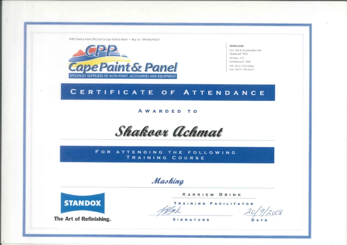 Shakoor Achmat Cape Paint & Panel Certificate of Attendance