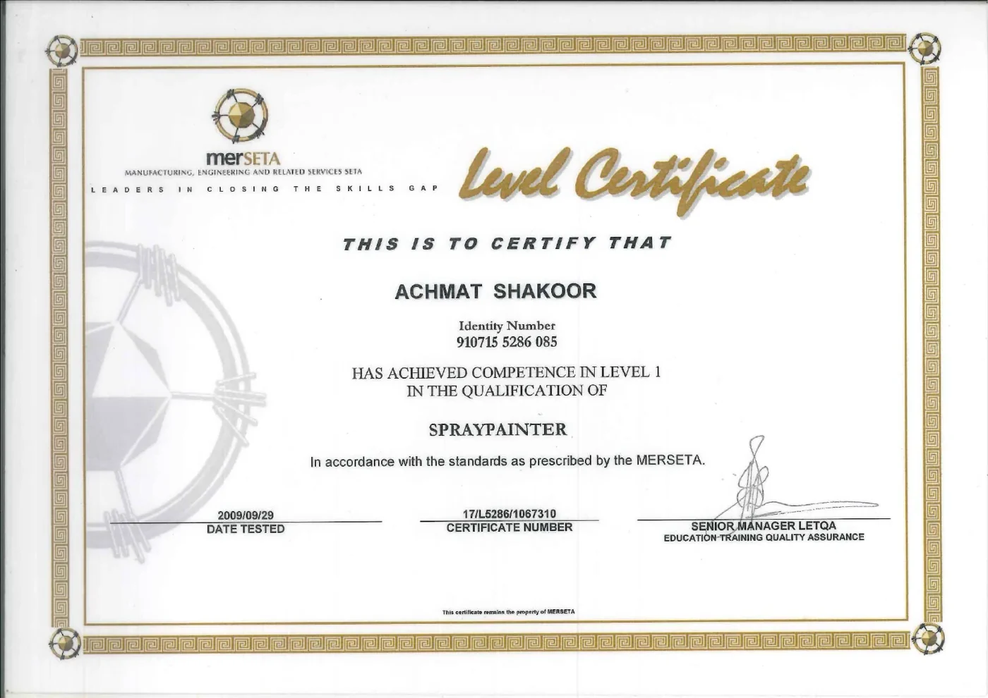 Shakoor Achmat merSETA Spraypainter Competence Certificate
