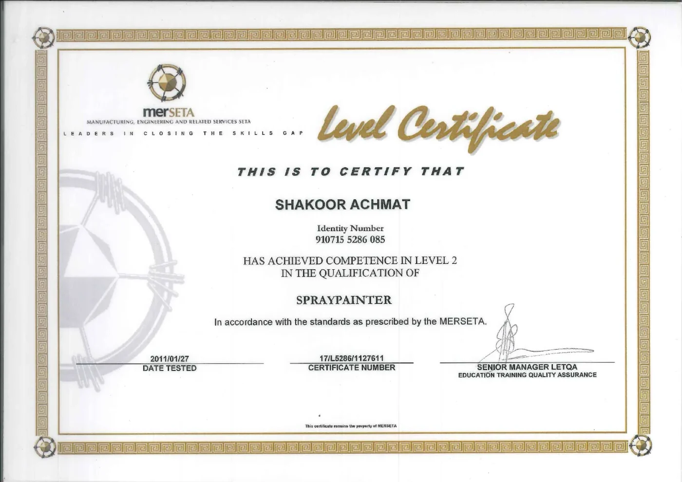 Shakoor Achmat merSETA Spraypainter Competence Certificate