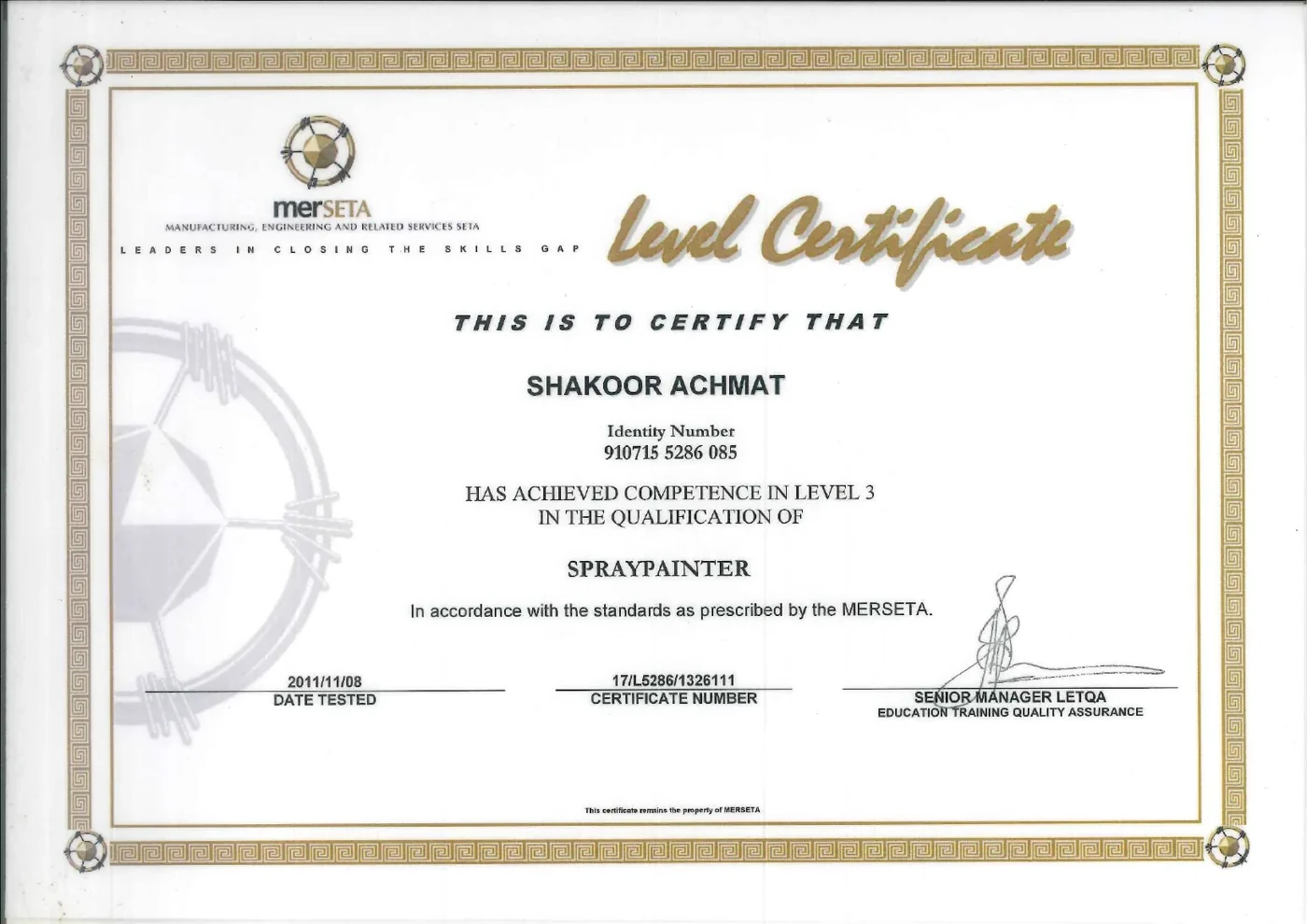 Shakoor Achmat merSETA Spraypainter Competence Certificate